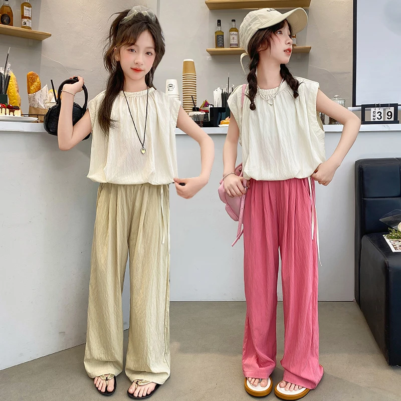 女童夏季套装2024新款洋气薄款无袖儿童夏装女孩阔腿山本裤两件套