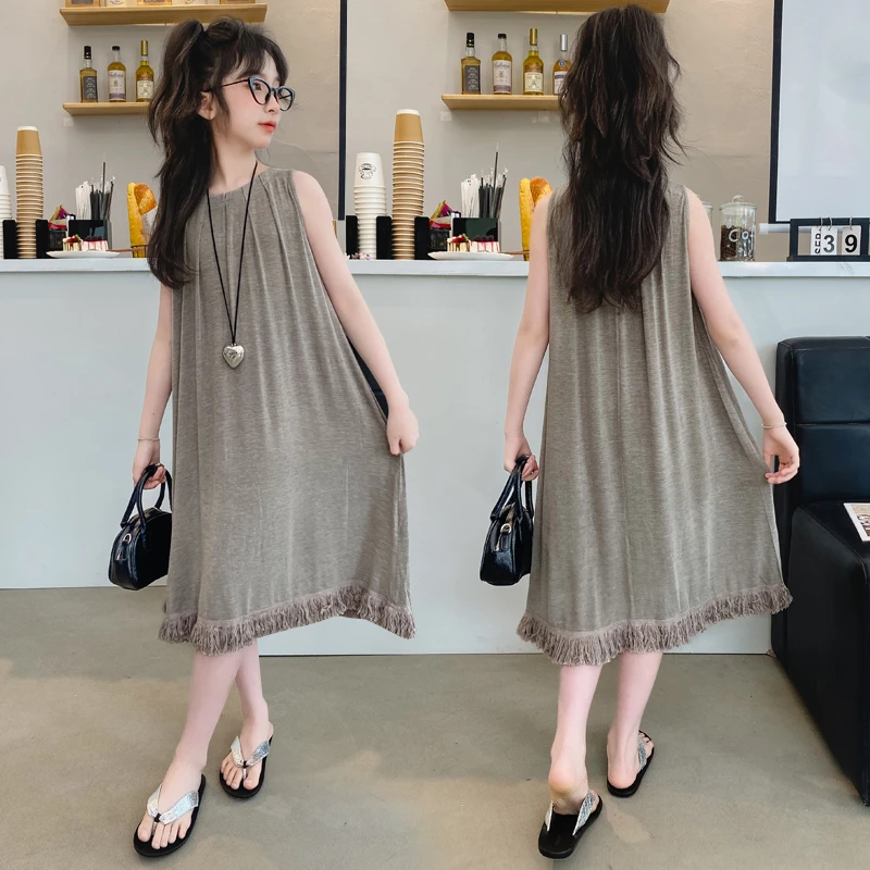 女童2024夏季新款坎肩流苏针织无袖连衣裙中大童女孩夏款背心裙子