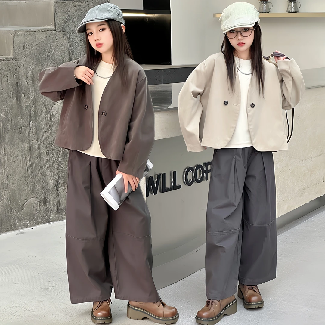 女童套装秋装洋气时髦中大童立领韩版西装外套休闲阔腿裤两件套潮