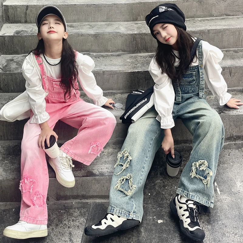 女童牛仔背带裤套装春秋2024新款女大童长裤时髦秋季女孩吊带裤子