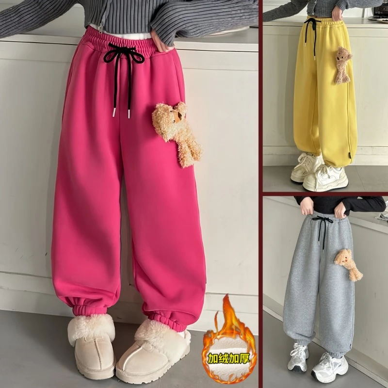 女童秋冬新款加绒洋气休闲运动一体绒长裤子2024儿童韩版宽松卫裤