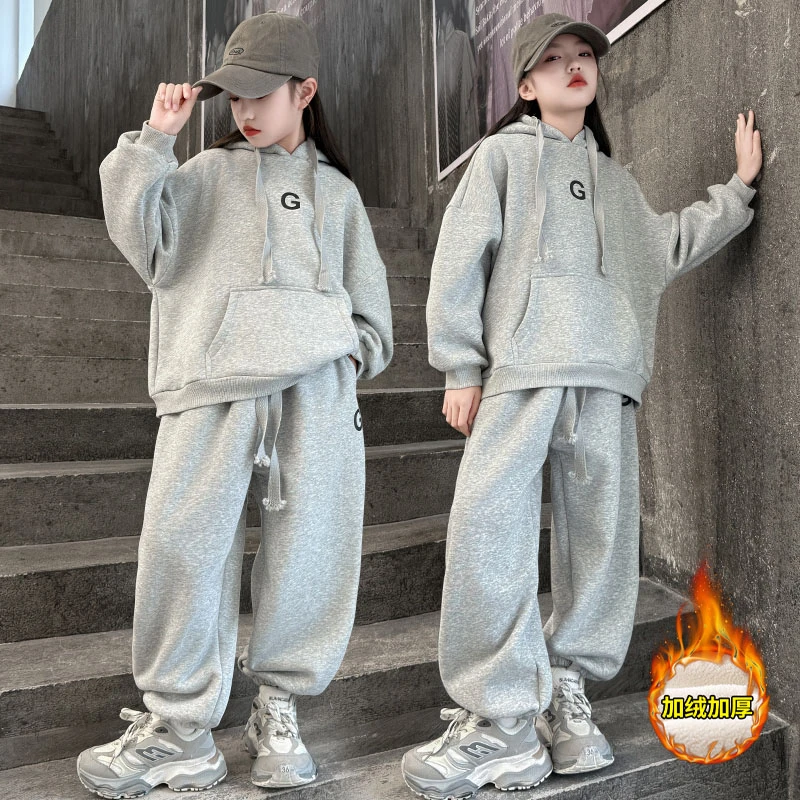 女童秋冬装慵懒风运动套装2024新款女大童加绒连帽卫衣休闲两件套