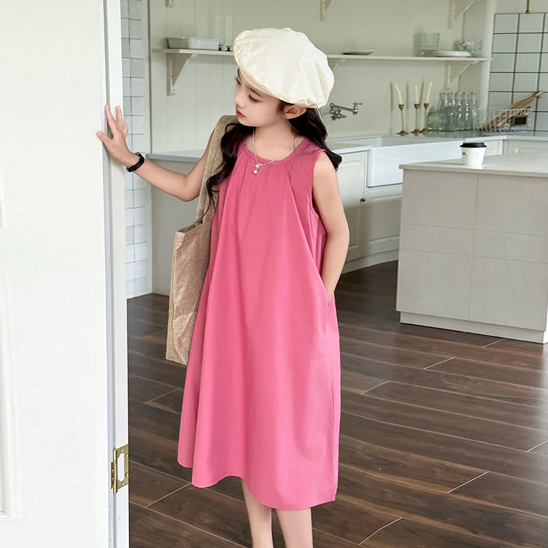 女童夏季度假法式无袖吊带连衣裙2024新款大童粉色高级感气质长裙