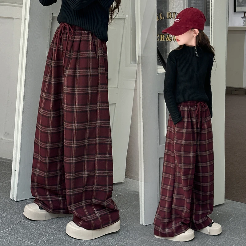 女童安哥拉红加绒格子裤2024秋冬新款抽绳宽松洋气百搭直筒阔腿裤