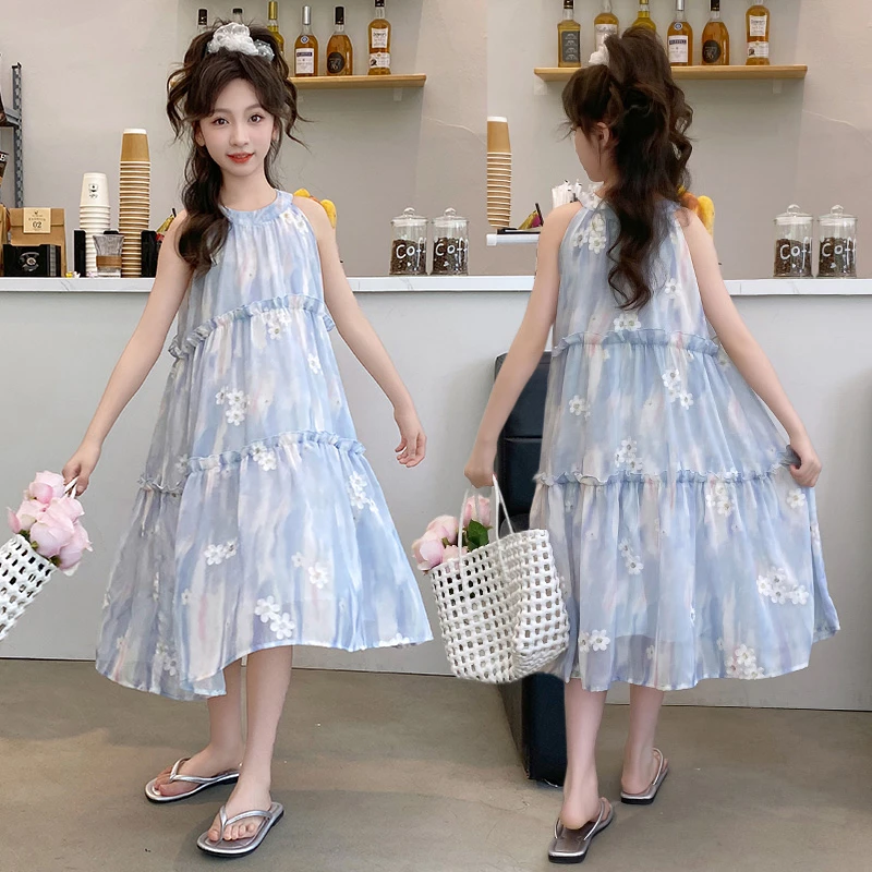 女童无袖吊带连衣裙夏季2024新款中大儿童沙滩裙碎花挂脖背心裙潮