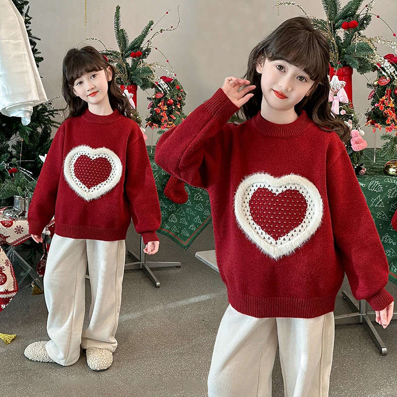 女童韩版上衣2025秋冬季新款洋气时髦女宝宝百搭圆领红色爱心毛衣