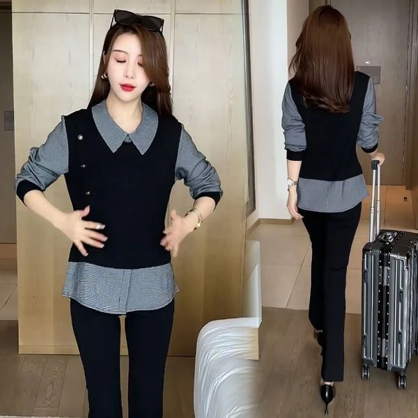假两件套长袖衬衫女2025年秋季新款衬衣中长款显瘦时尚遮肚子上衣
