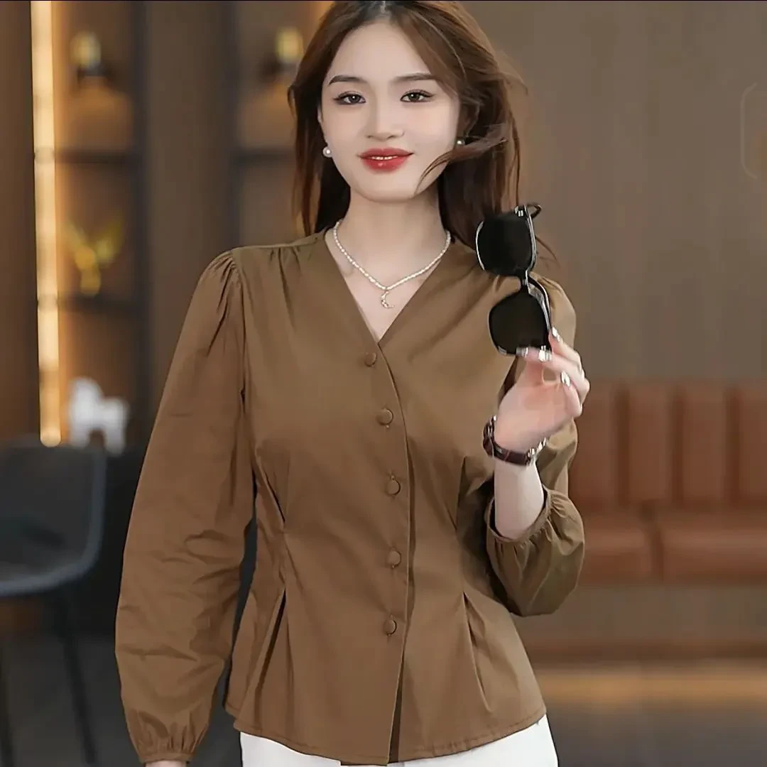 秋季舒适时尚休闲气质洋气法式复古V领长袖衬衫纯色收腰褶皱上衣