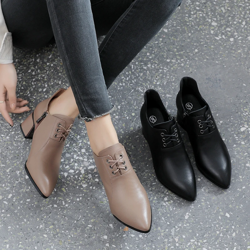 真皮粗跟单鞋女秋季2023新款春秋小皮鞋软皮尖头高跟秋款女鞋深口