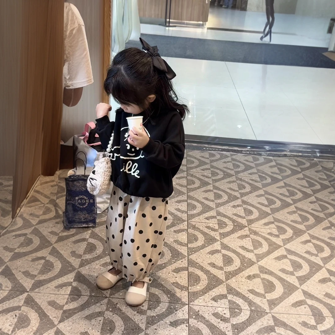 儿童卫衣套装秋款2024女童韩系圆领套头卡通卫衣波点休闲裤两件套