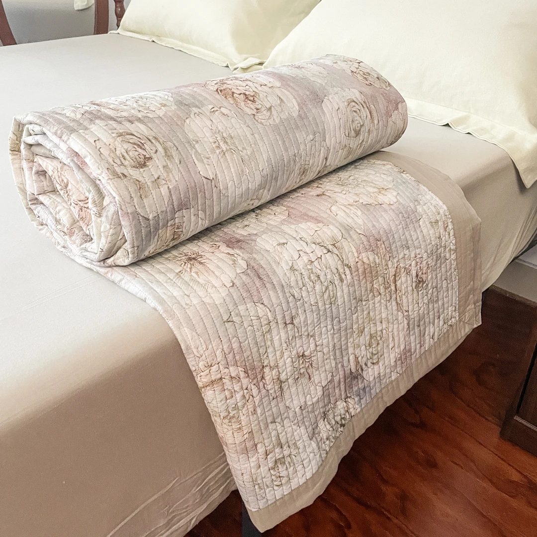 K818 纯棉数码印花双人床盖 芙朵粉200*230轻奢软装立体欧式学生