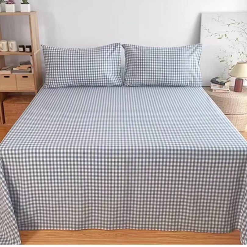 278 纯棉色织水洗棉单人床单 浅兰小格165*245赠枕套一只