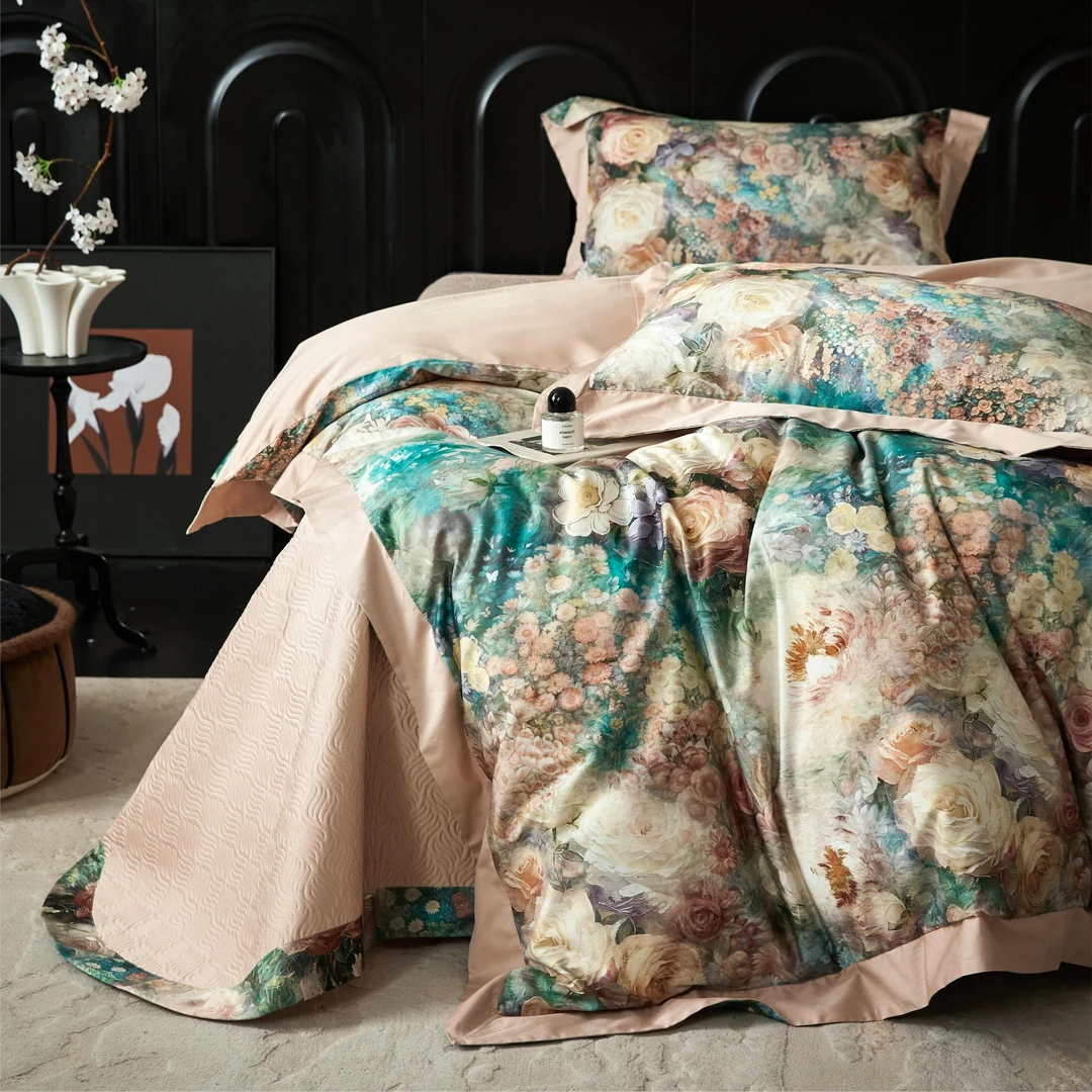 C7602 高端全棉数码印花100s标准四件套 玲珑绿200*230轻奢床品