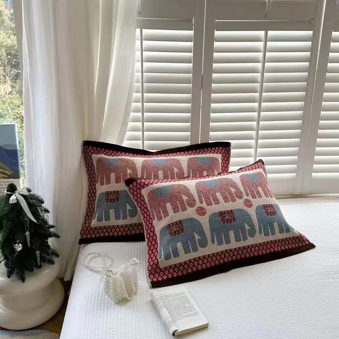 G607 纯棉八层纱布枕巾一对两只 提米象-蓝52*78简约防滑韩式加厚