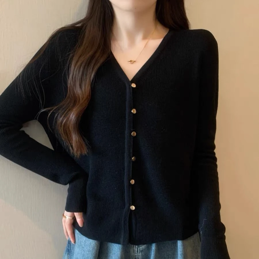 b433 纯色百搭修身显瘦V领针织开衫长袖