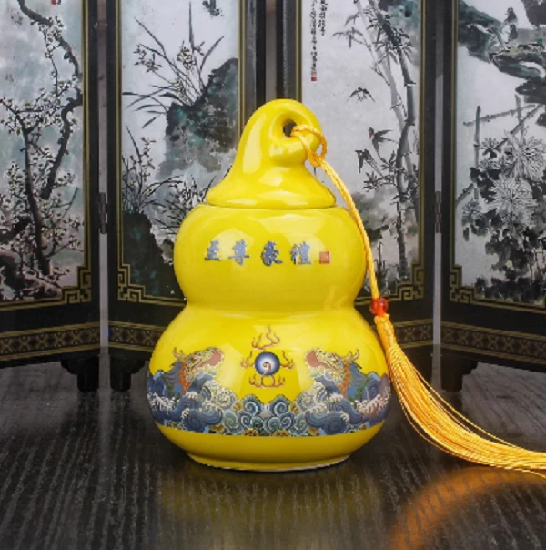 颐度葫芦茶叶罐陶瓷居家茶桌精美摆件罐装送大红袍茶叶25克