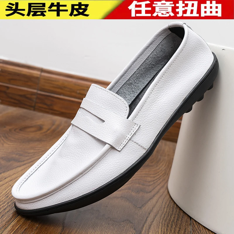 夏季头层牛皮豆豆鞋男商务休闲单鞋男软皮软底男士一脚蹬驾车男鞋