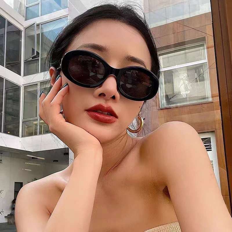 椭圆白框墨镜欧美凹造型太阳镜拍照女防紫外线强光高级感ins显瘦