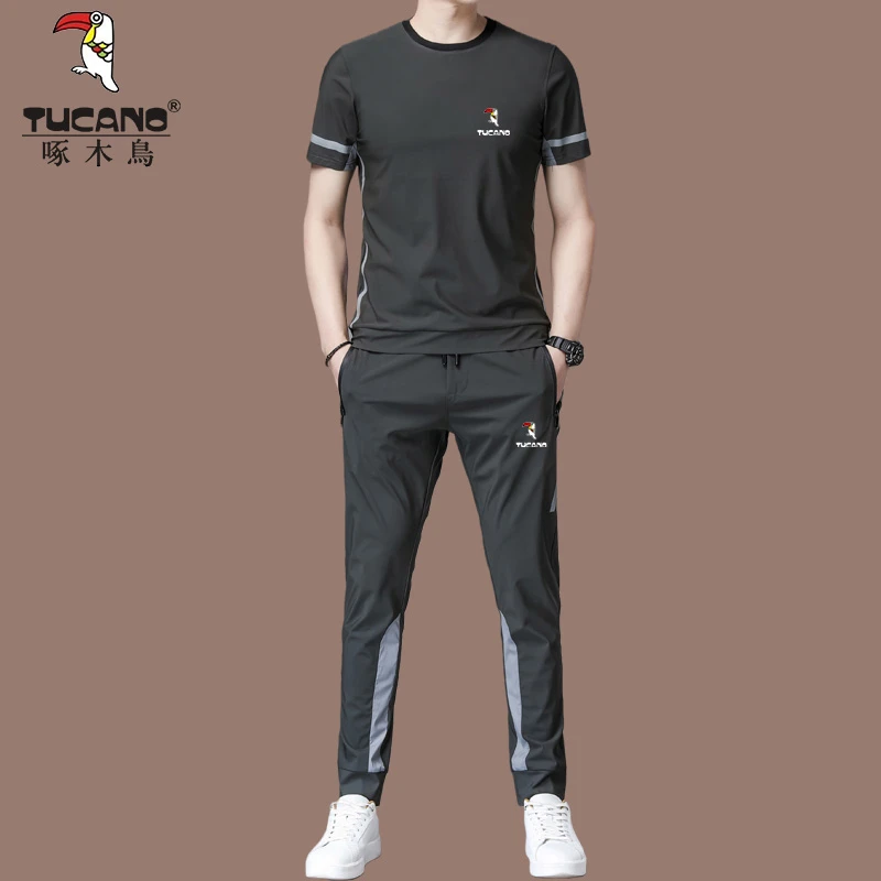 啄木鸟圆领冰丝套装男士夏季百搭短袖两件套速干透气大码痞帅穿搭