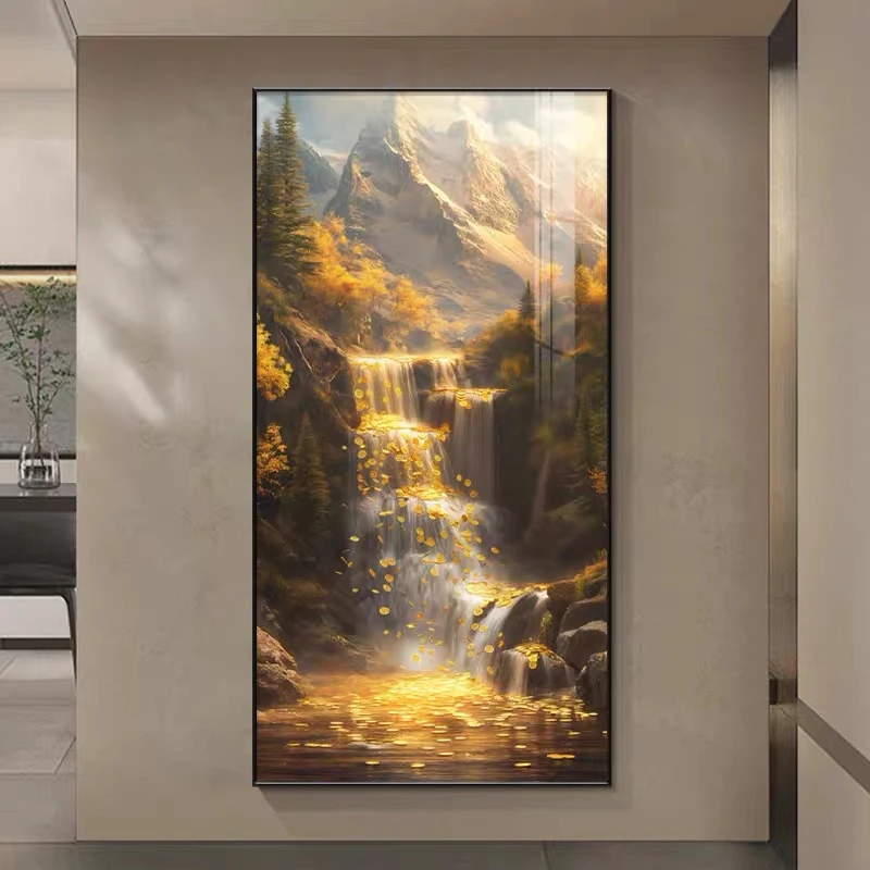 X136高山流水山水风景画玄关画入户正对门装饰画轻奢高档装饰画