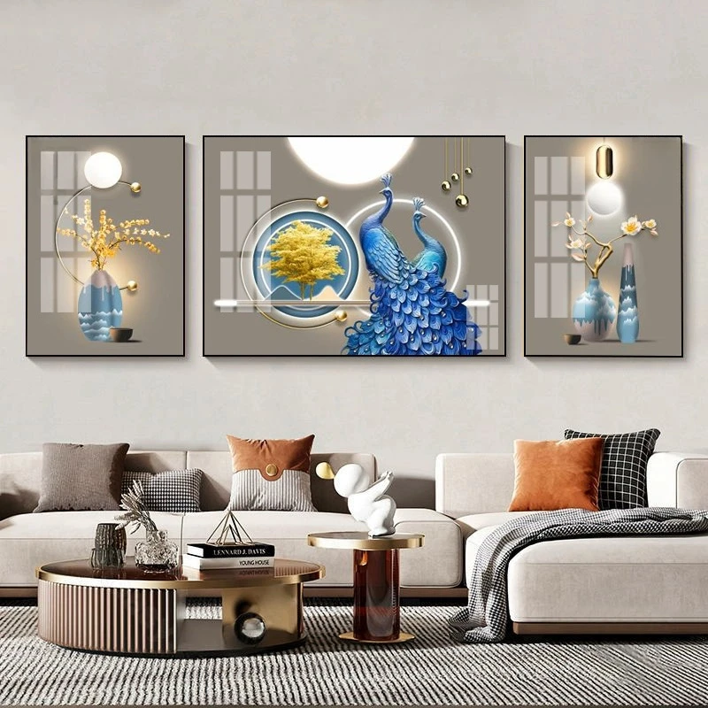S121轻奢晶瓷画孔雀客厅挂画富贵平安晶瓷画现代沙发背景装饰画