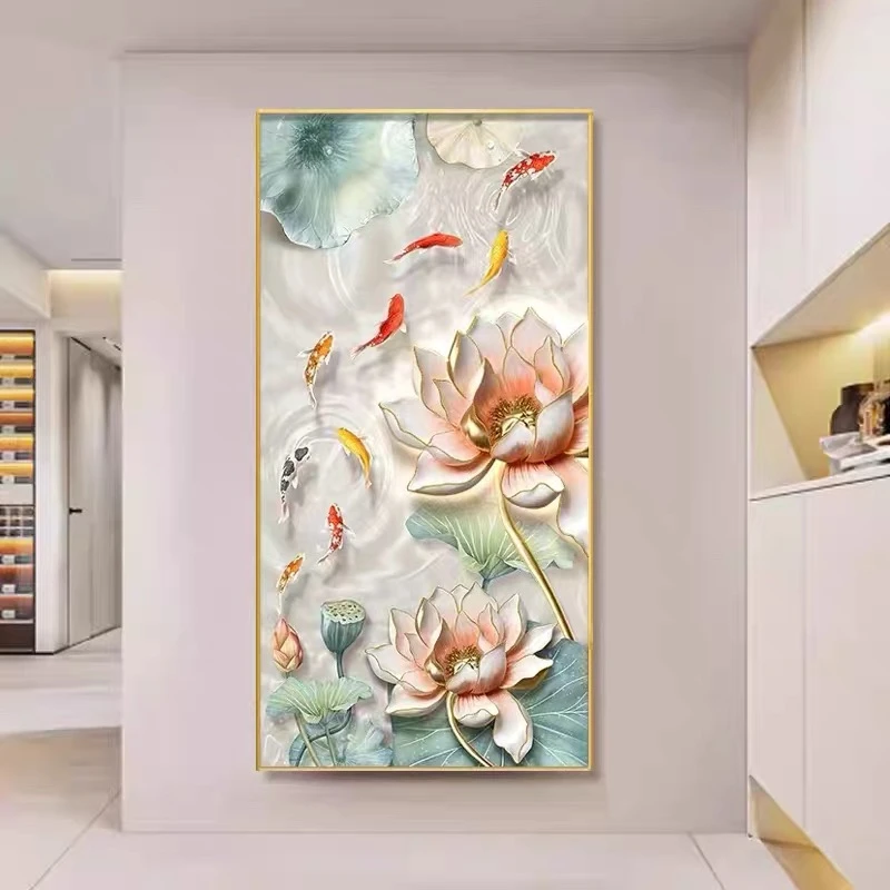 X139九鱼图玄关装饰画轻奢入户墙高端挂画现代走廊过道荷花壁画