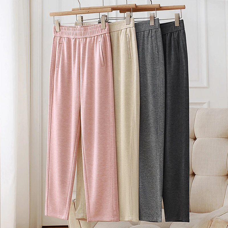 春季女士棉桑蚕丝软糯直筒裤高腰舒适亲肤阔腿宽松休闲显瘦裤B329