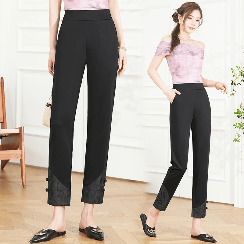 春季2024新国风早秋季黑色小脚裤时尚显瘦高腰修身直筒裤B206春季