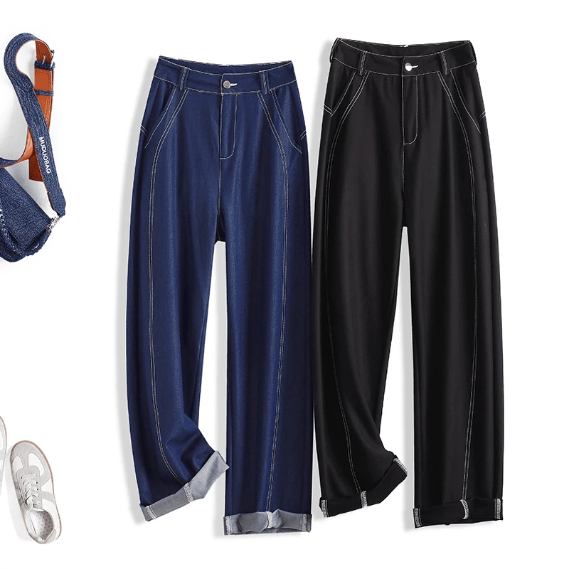 2025春季新款牛仔女弯刀裤时尚轻奢牛仔直筒腿裤简约通勤裤子B208