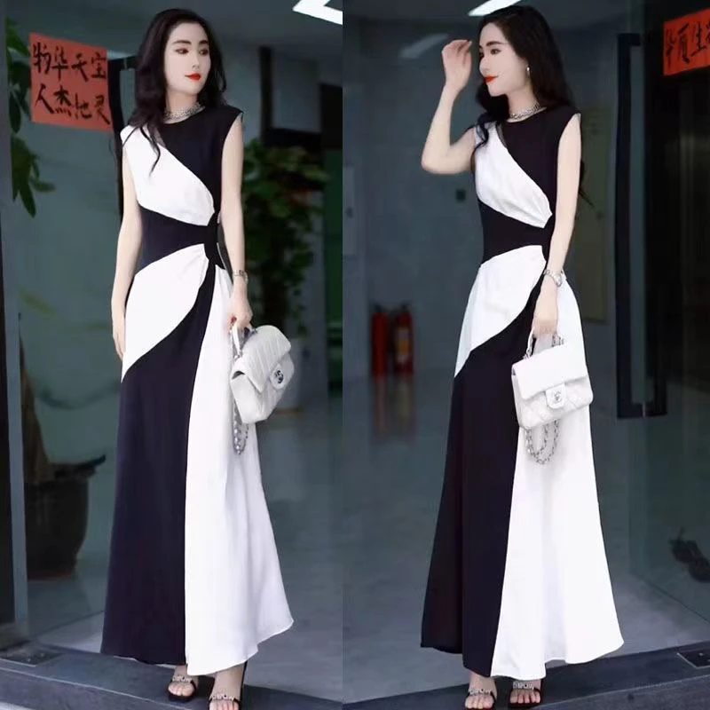 优雅无袖连衣裙女拼接时尚收腰修身夏季高级爆款长裙显瘦简约休闲
