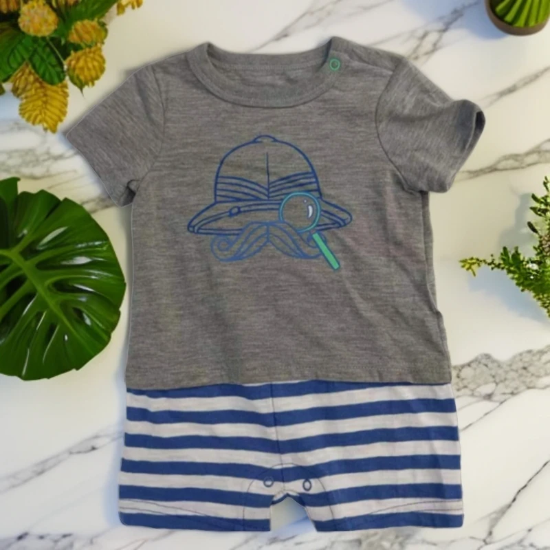 外贸出口原单男宝新生儿短袖连体爬服灰色拼接蓝条纹柔软透气爽滑