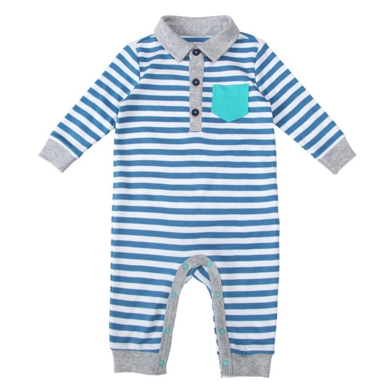 外贸出口原单俄版加长加肥男宝新生儿纯棉翻领口袋加贴布连体长爬