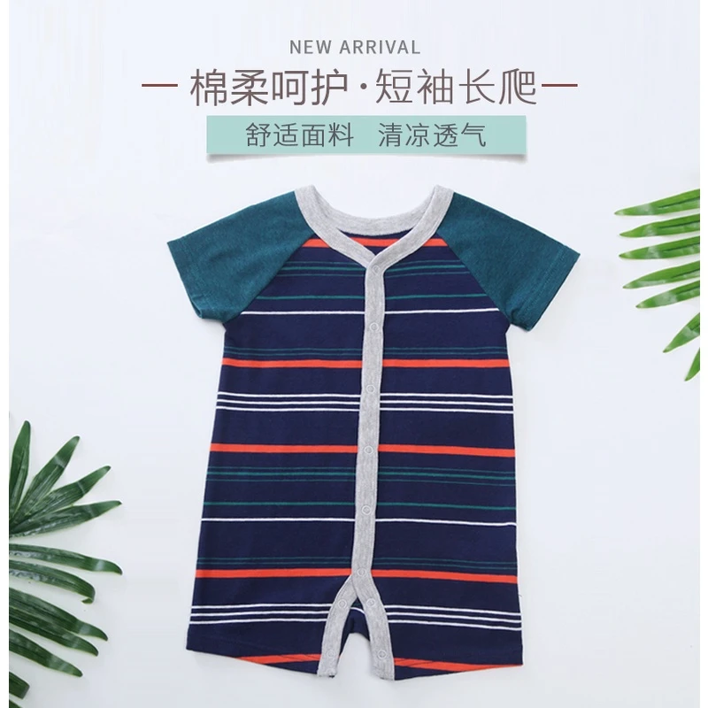 外贸俄版男童连体爬服婴儿针织A类双层汗布60%棉加厚短袖短爬暗色