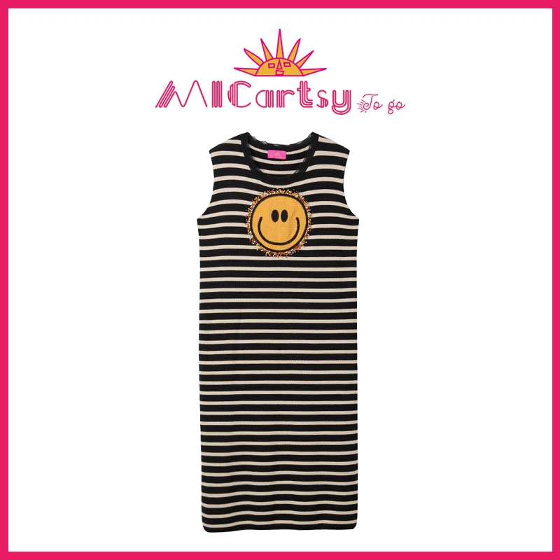 MICartsy王紫珊to go新款手工钉珠笑脸黑色条纹连衣裙SCP066AW