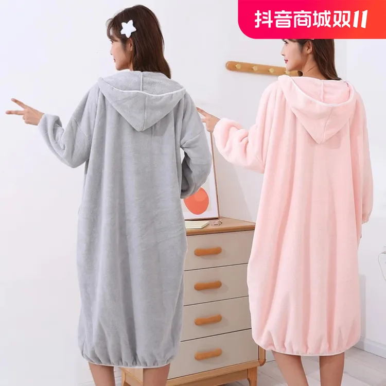 秋冬季可穿式浴巾家用女款浴裙睡袍柔软吸水女士浴衣成人洗澡浴袍