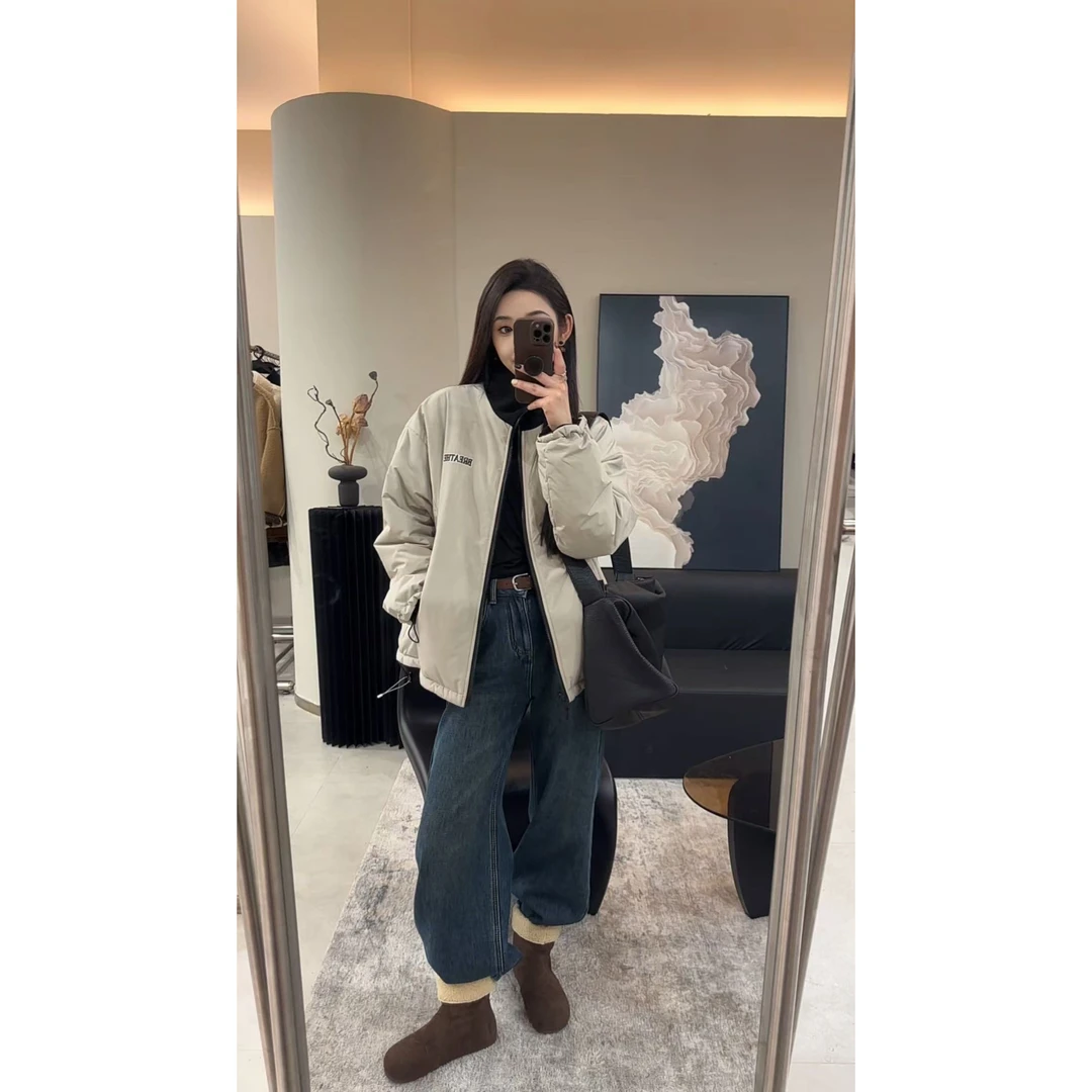 ZX592季新款欧货韩系立领刺绣紫字母毛毛两面穿棉服外套女