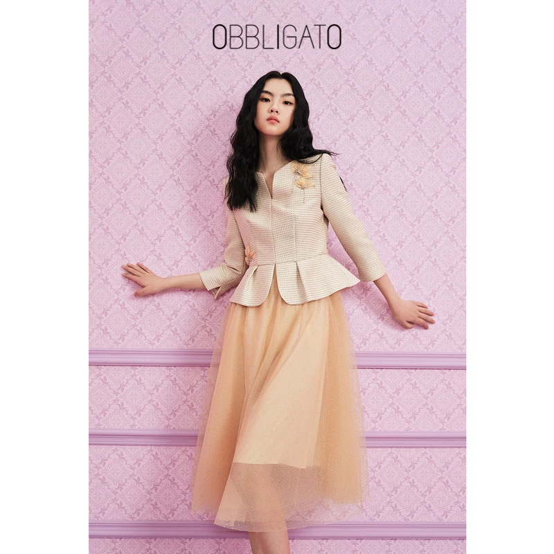 OBBLIGATO奥丽嘉朵2022秋季1C32305580米金色优雅复古网纱连衣裙