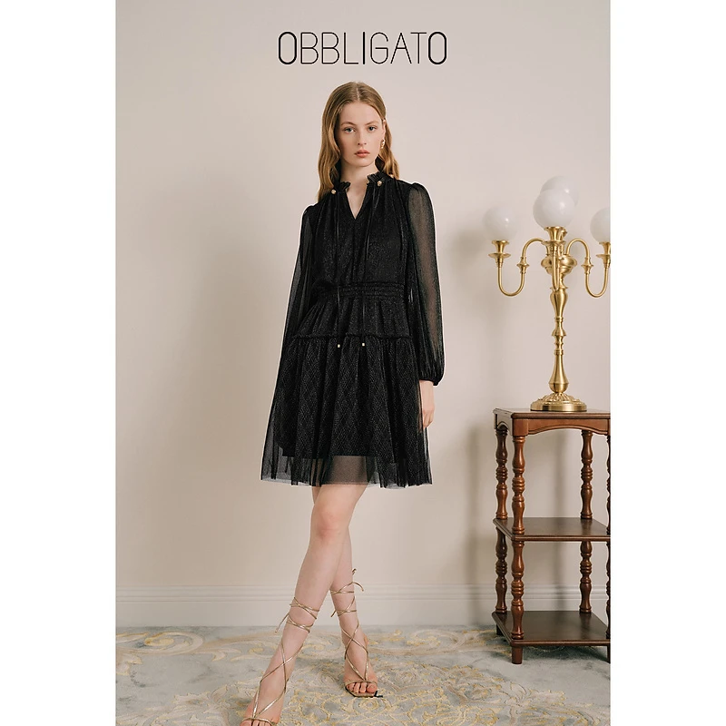 OBBLIGATO奥丽嘉朵1C33305350早秋银葱打揽收腰连衣裙