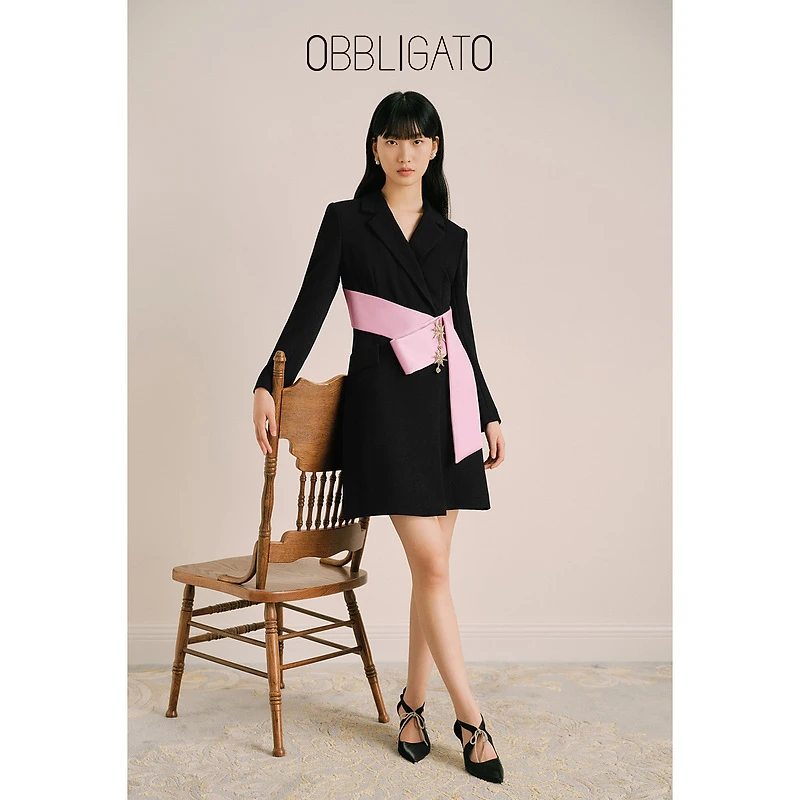 OBBLIGATO奥丽嘉朵1C33505280冬季撞色腰封西装连衣裙