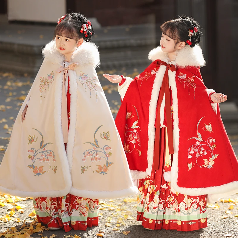 儿童汉服斗篷披风加绒冬季新款加厚唐装过年新年拜年服女童中国冬