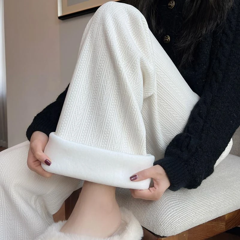 C153麦穗纹加绒雪尼尔阔腿裤女秋冬2024年新款高腰垂感直筒裤子