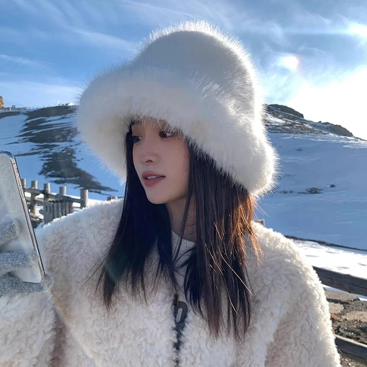 【很大一顶毛绒帽】仿貂毛粉色渔夫帽冬天雪地拍照氛围感白色盆帽
