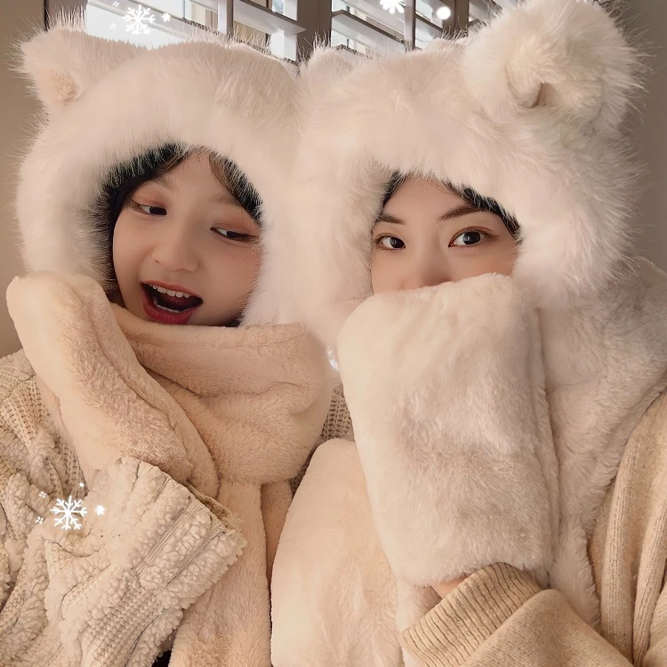 2023新款可爱小狐狸帽子围巾手套三件套冬季百搭毛绒围脖连帽一体