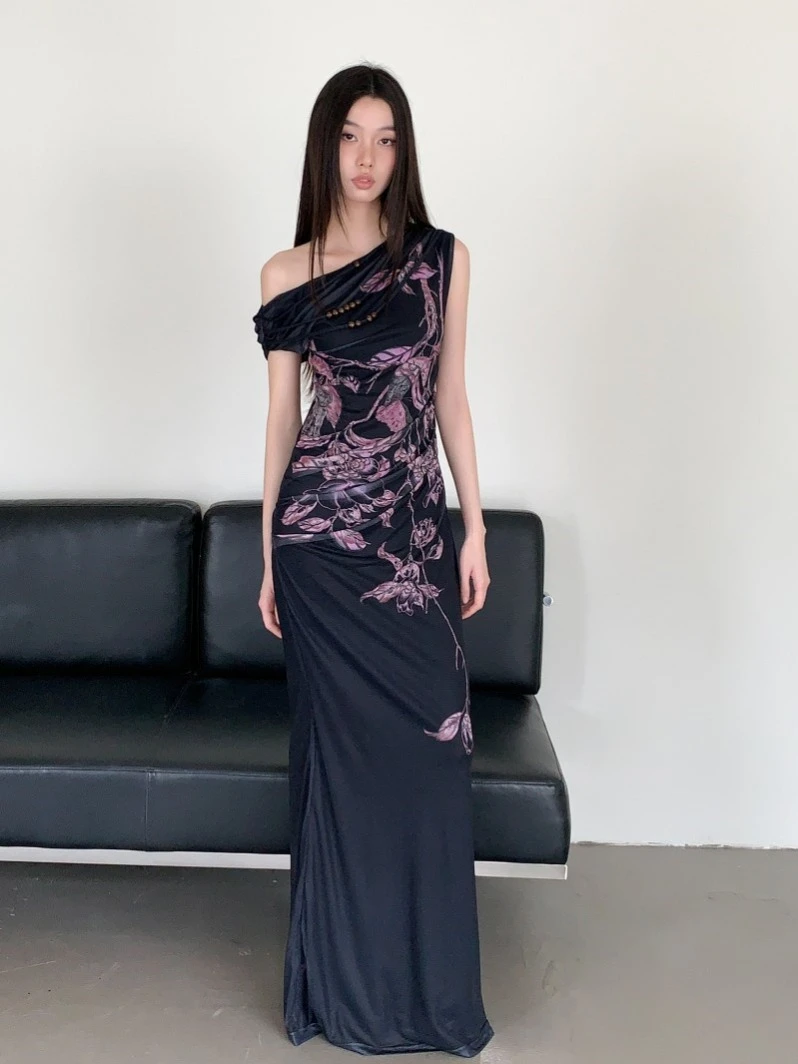 斜肩鱼尾修身印花鱼尾裙新中式堕落天使连衣裙弹力印花弹力修身