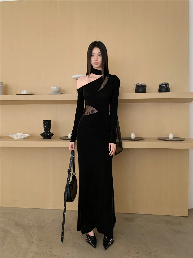 复古黑色露肩长袖连衣裙女秋冬蕾丝拼接修身鱼尾长裙内搭包臀裙子