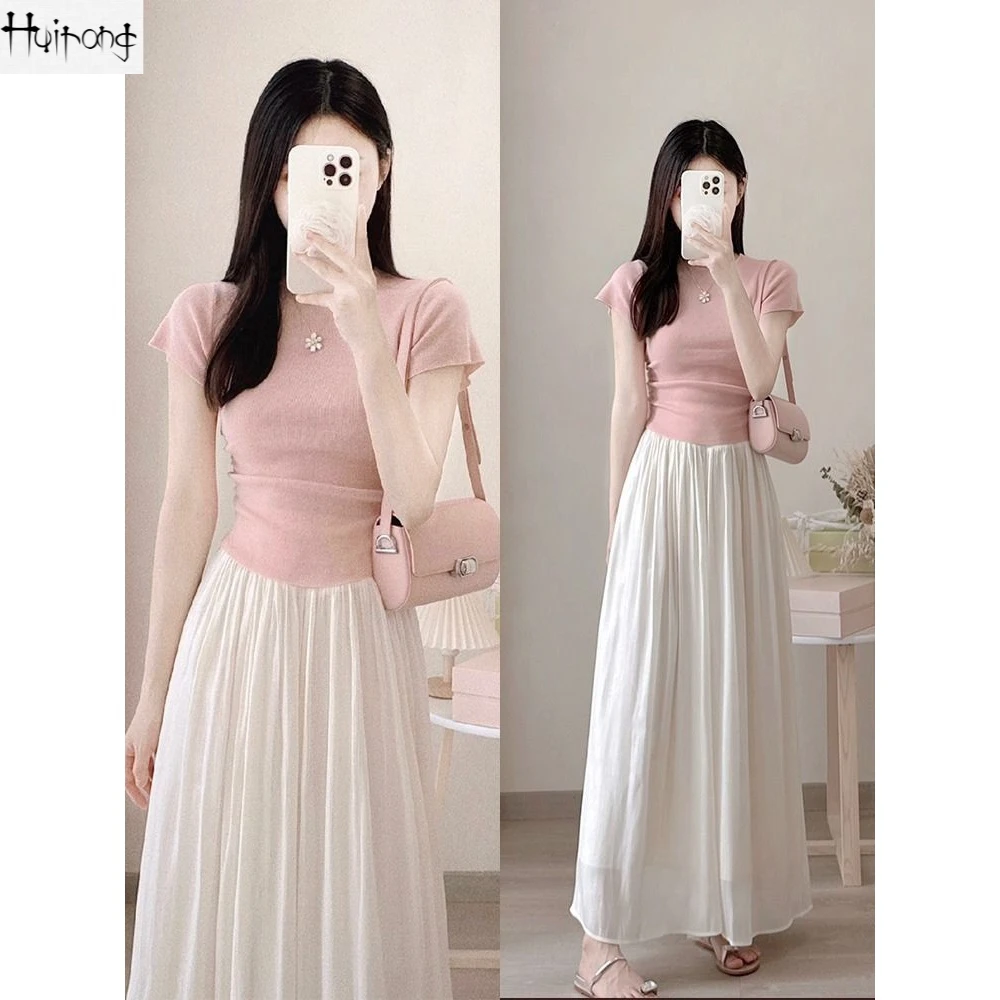 粉色不规则正肩短袖女夏薄款针织衫小个子修身短款气质露腰上衣