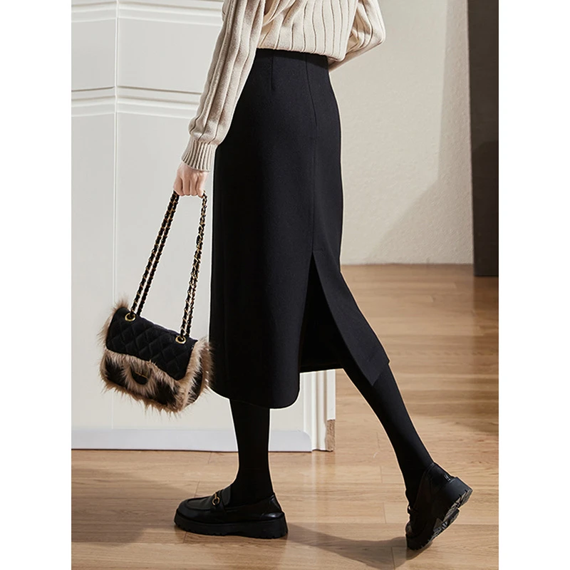 HR毛呢半身裙女2024年冬季高腰显瘦洋气垂坠感中长款西装开叉a字