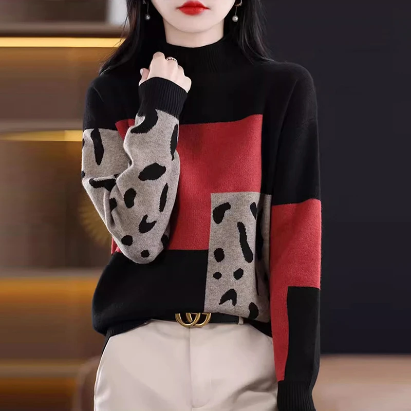 大码拼色毛衣女秋冬半高领针织衫宽松显瘦内搭加厚洋气上衣打底衫