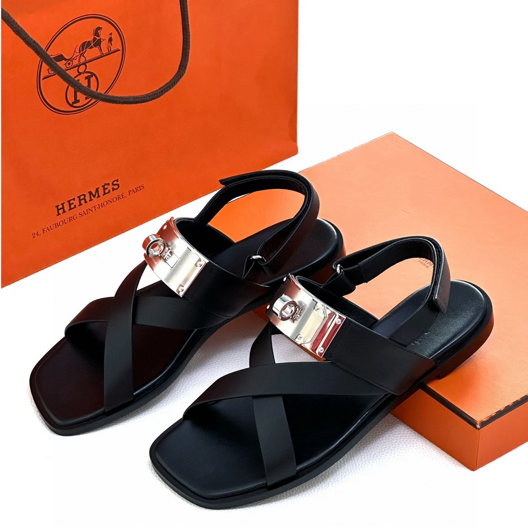 全新未使用 Hermes/爱马仕 爱马仕 女士黑银Kelly扣凉鞋凉拖鞋