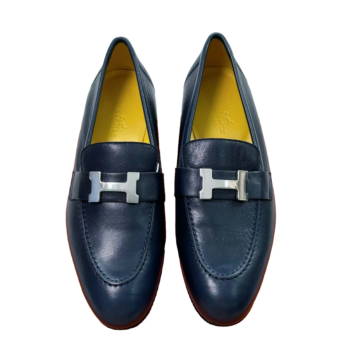 全新未使用 Hermes/爱马仕 爱马仕 女士黑色拼黄底经典银扣乐福鞋